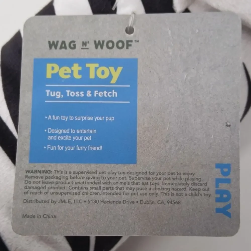 Wag N' Woof Zebra Plush Dog Toy Squeaker Tug Crinkle Durable Black White